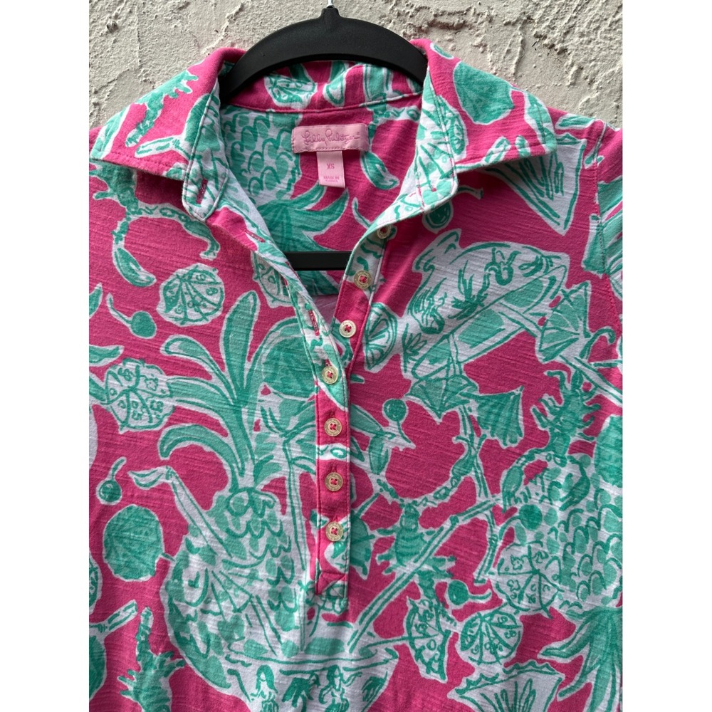 Lilly Pulitzer Trophy Polo Tropical Pineapple Slub Cotton Shirt Women XS - Picture 2 of 7